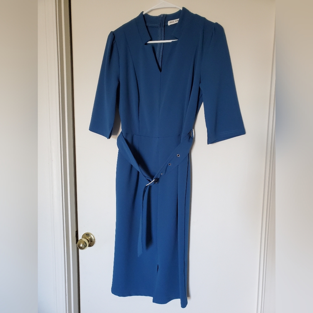 Grace Karin Blue Wrap Midi Dress V-Neck 3/4 Sleeve